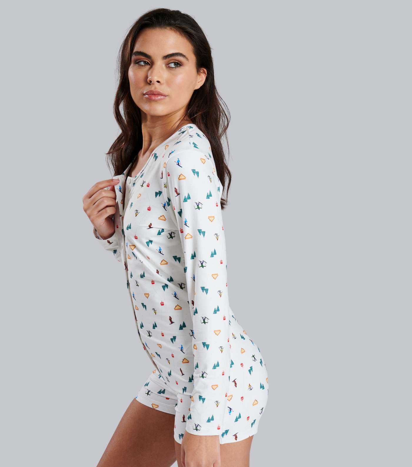 Loungeable White Pyjama Romper with Ski Print Image 2