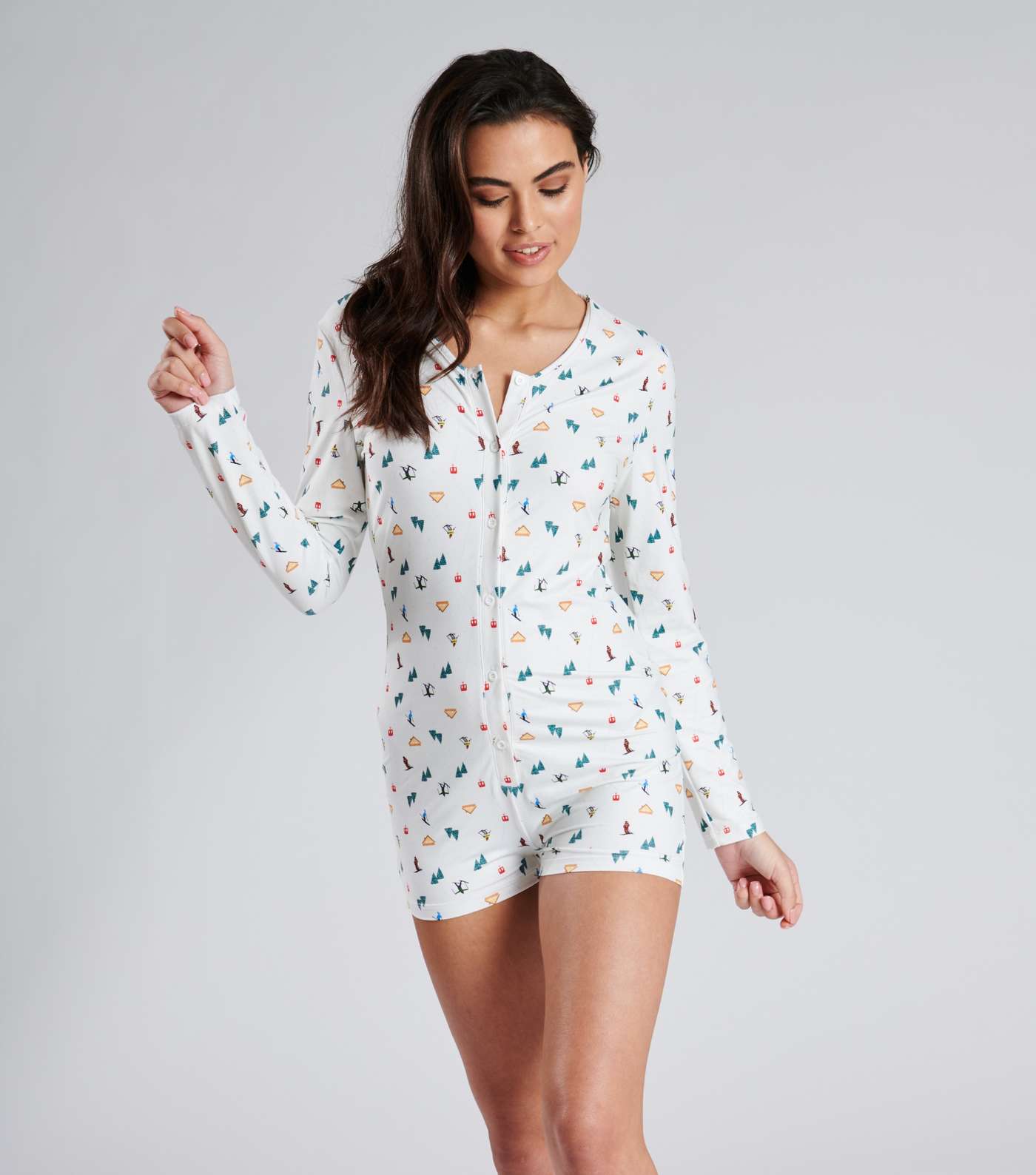 Loungeable White Pyjama Romper with Ski Print Image 4