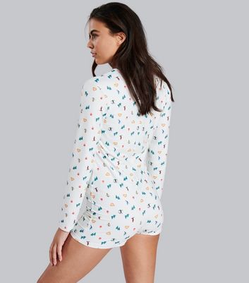 Loungeable White Pyjama Romper with Ski Print New Look