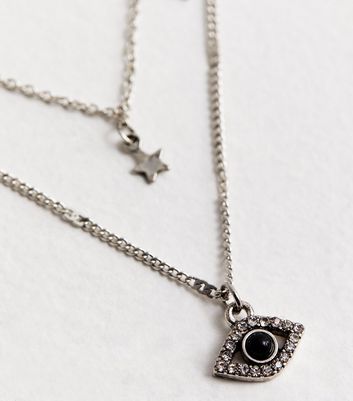 Silver Star and Eye Charm Layered Necklace New Look