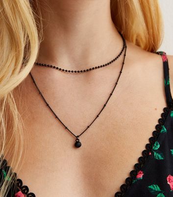 Black Beaded Layered Necklace New Look