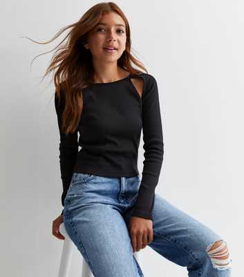 Girls Black Ribbed Long Sleeve Cut Out Top