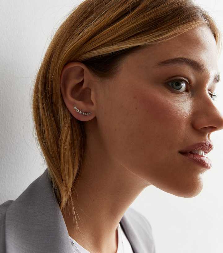 Silver Diamanté Cuff Stud Earrings