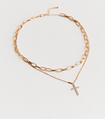 Gold Layered Diamante Cross Chain Necklace New Look