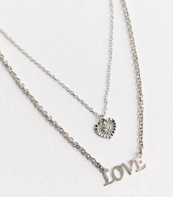 Silver Love and Heart Pendant Layered Necklace New Look