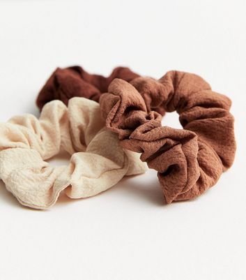3 Pack Brown Textured Scrunchies New Look