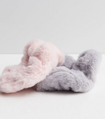 2 Pack Pink and Grey Faux Fur Scrunchies New Look