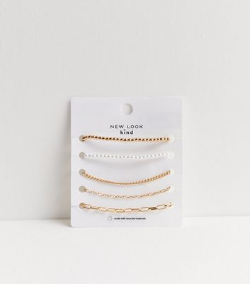 5 Pack Gold Faux Pearl and Chain Bracelets New Look