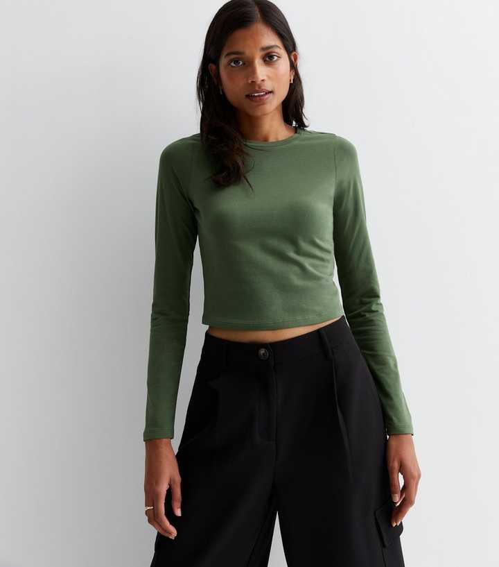 olive green crop top long sleeve