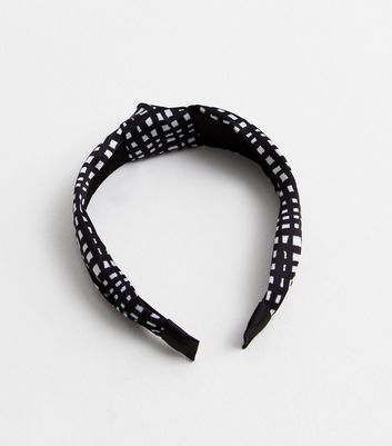 Black Check Knot Headband New Look
