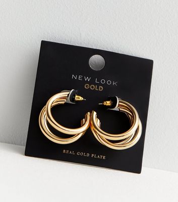 Real Gold Plate Triple Hoop Earrings New Look