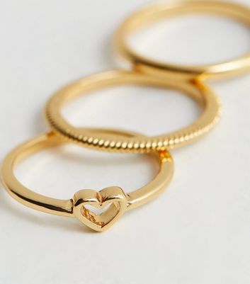 3 Pack Real Gold Plate Heart Stacking Rings New Look