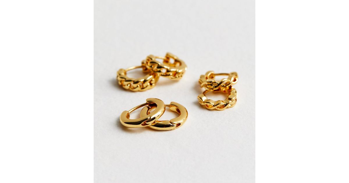 3 Pack Real Gold Plate Huggie Hoop Earrings | New Look