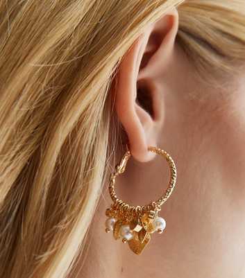 Gold Faux Pearl Charm Hoop Earrings