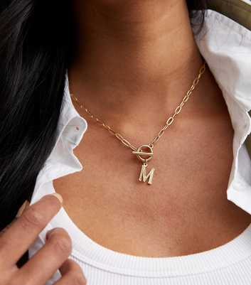 Real Gold Plate M Initial Chain Link Necklace