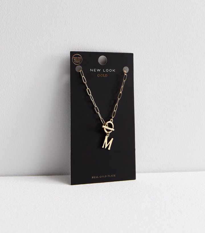 Real Gold Plate M Initial Chain Link Necklace