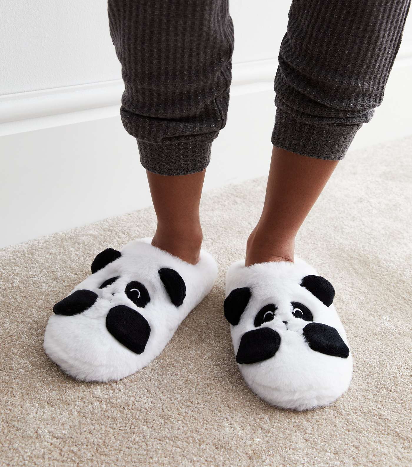 White Faux Fur Panda Slippers Image 2