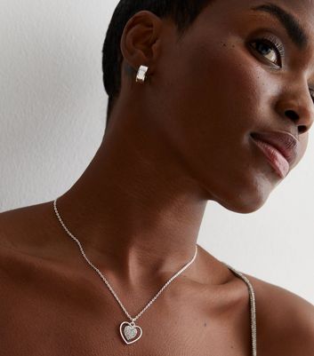 Silver Diamante Heart Pendant Necklace New Look