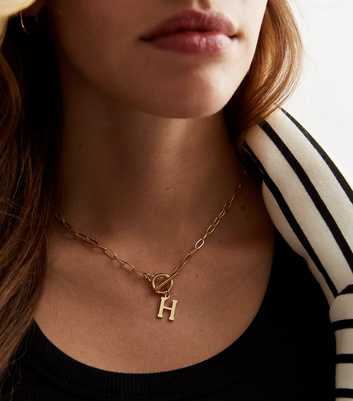 Real Gold Plate H Initial Chain Link Necklace