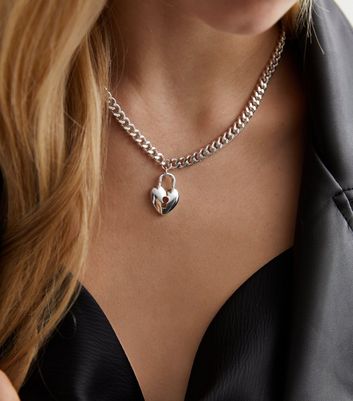 Silver Heart Padlock Chain Necklace New Look