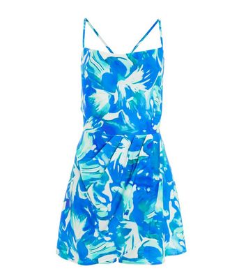 QUIZ Blue Tropical Strappy Playsuit New Look