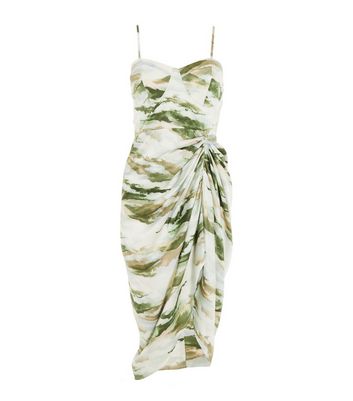 QUIZ Light Green Marble Ruched Front Midi Dress New Look