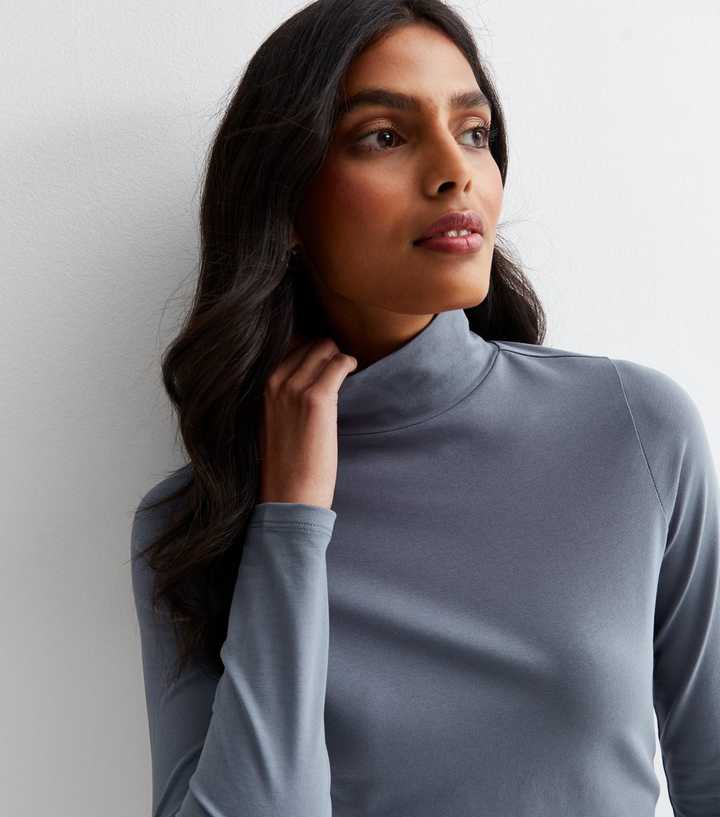 Blue High Neck Long Sleeve Top