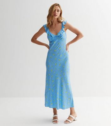 Blue Spot Lemon V Neck Ruffle Midaxi Slip Dress New Look