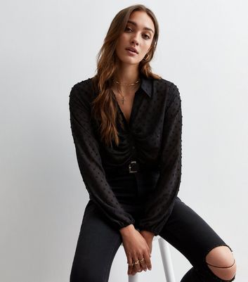 Black Chiffon Dobby Ruched Long Sleeve Shirt