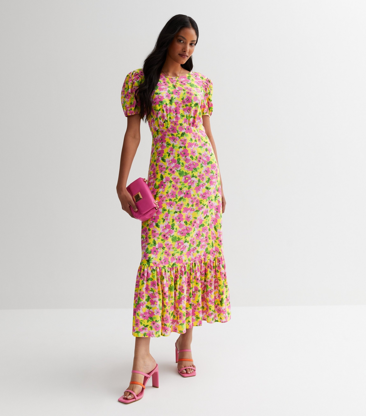 Women's Yellow Floral Puff Sleeve Midaxi Dress New Look