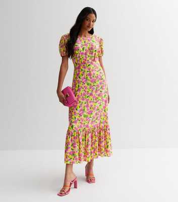 Yellow Floral Puff Sleeve Midaxi Dress
