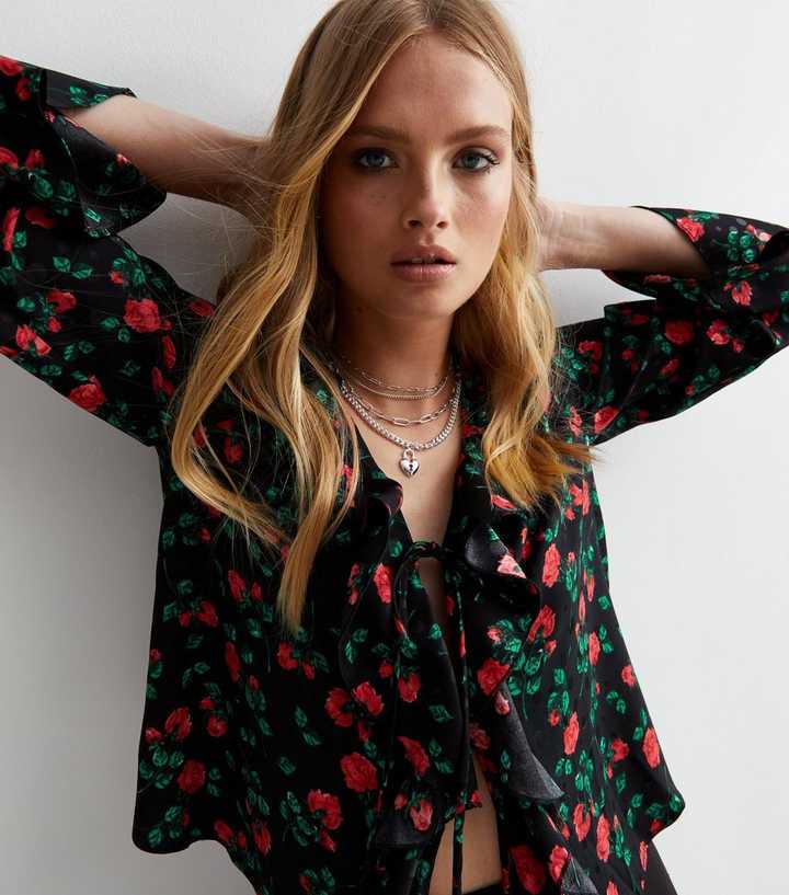 Black Floral Tie Front Ruffle Crop Blouse