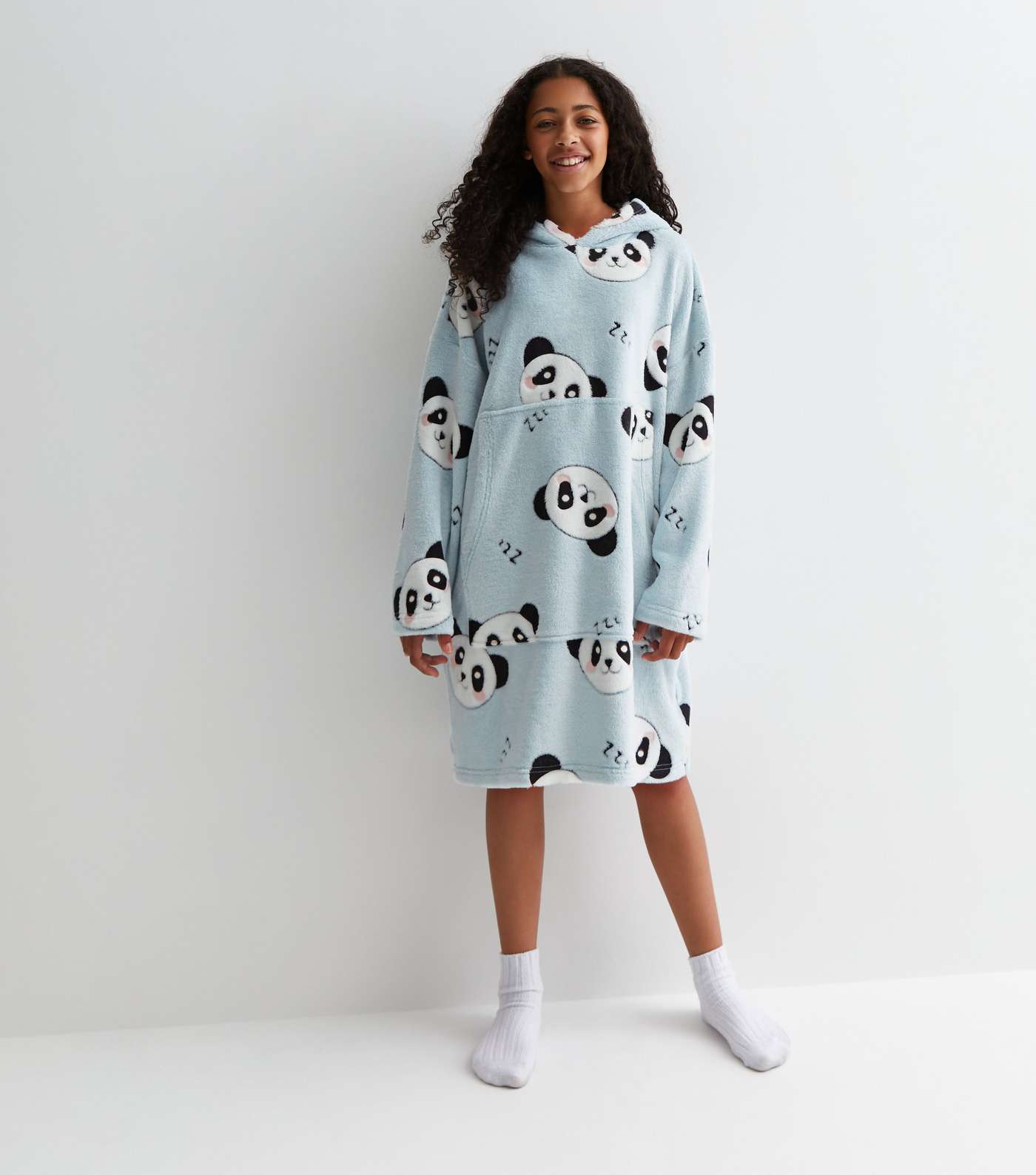 Girls Blue Panda Print Oversized Blanket Hoodie Image 3