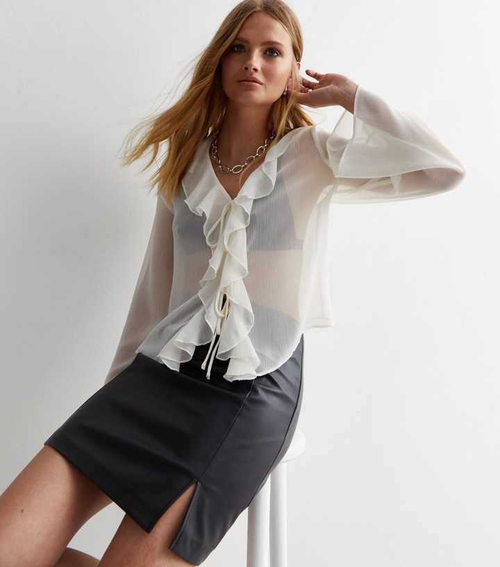 Cream Tie Front Ruffle Trim Blouse