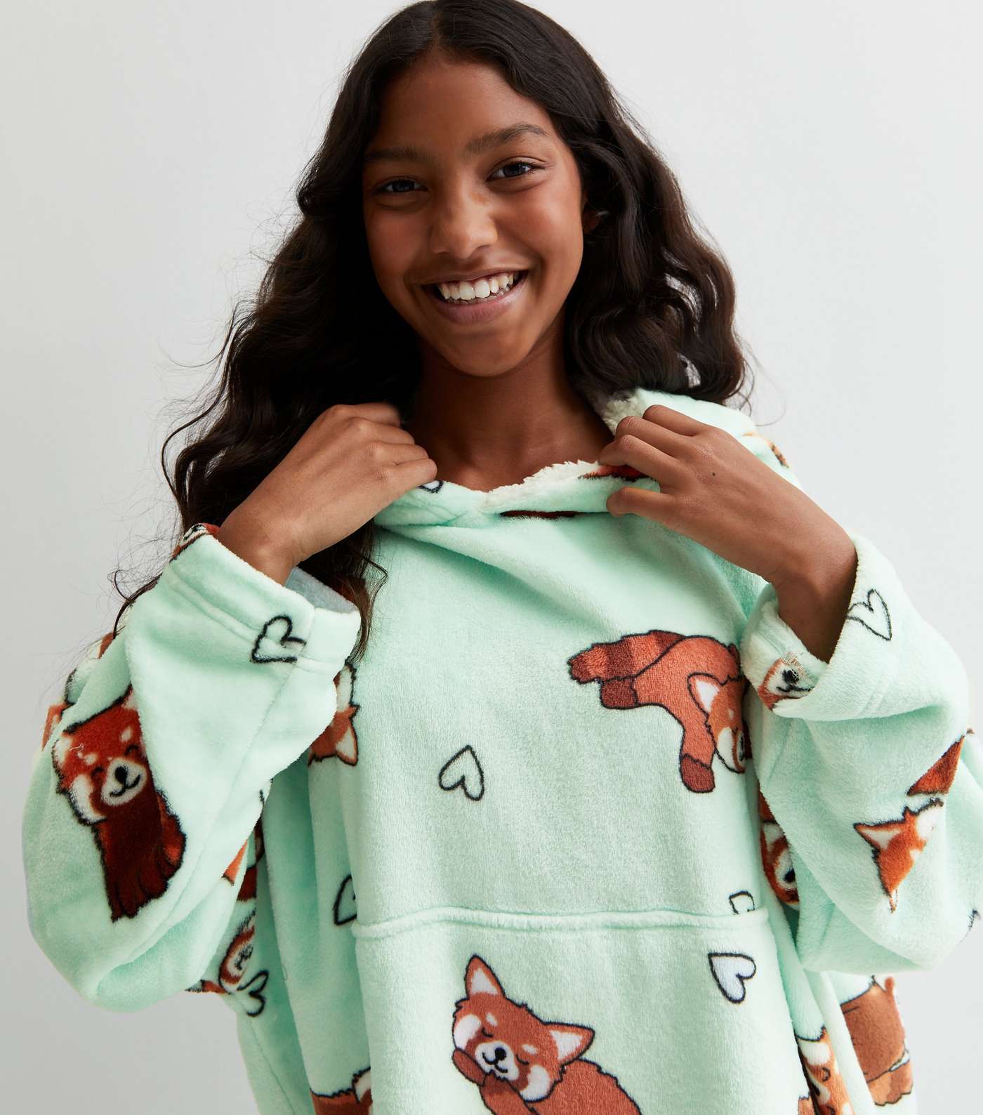 Girls Green Red Panda Print Fleece Oversized Blanket Hoodie Image 3