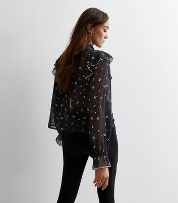 Black Floral Chiffon Ruffle Blouse | New Look