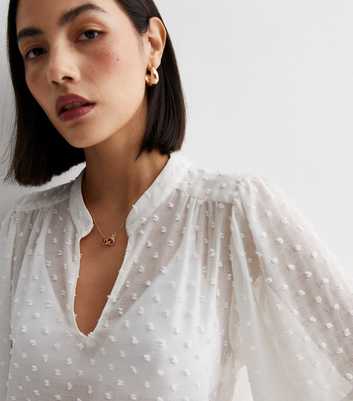 Off White Spot Embroidered Chiffon Puff Sleeve Blouse
