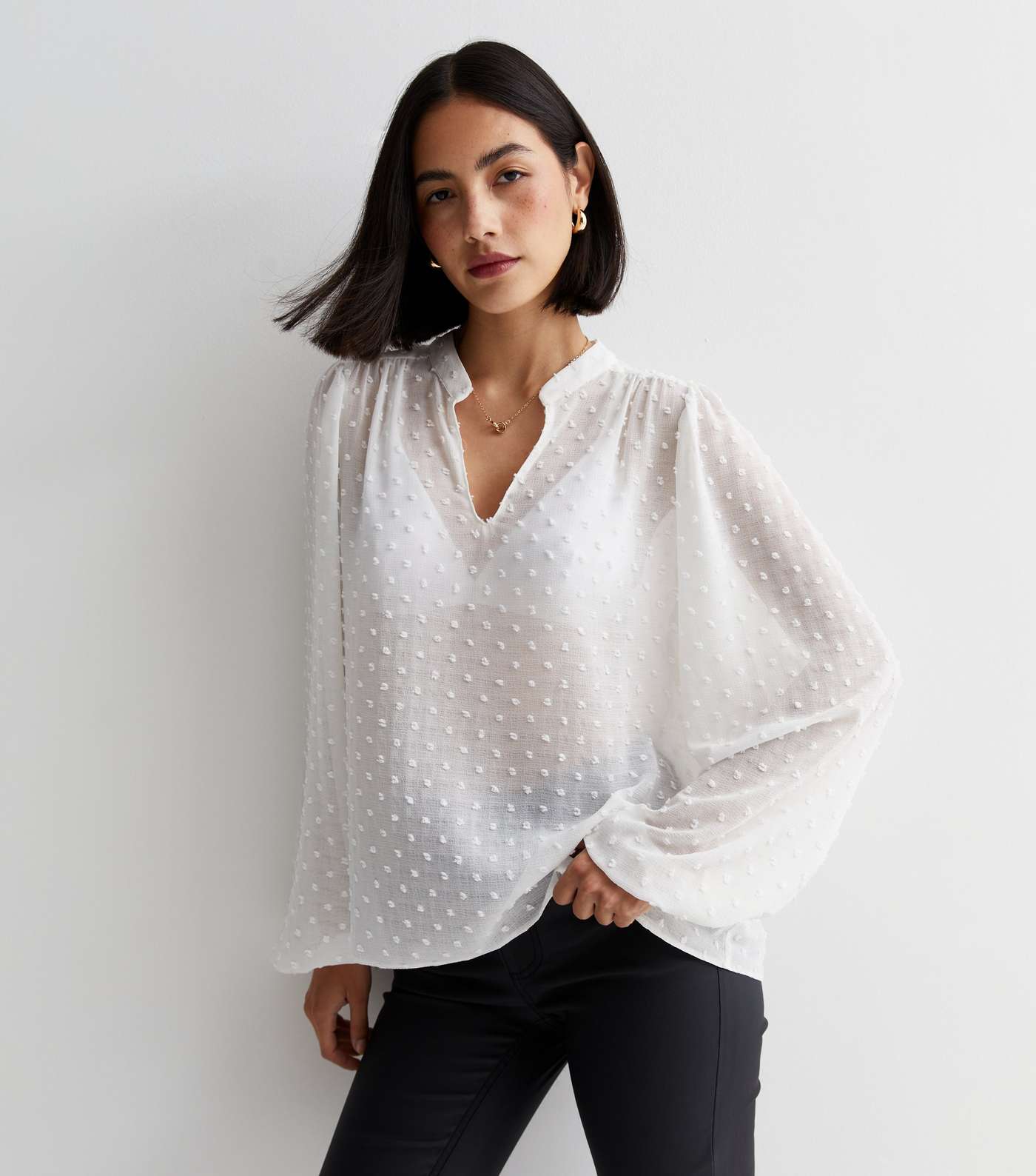 Off White Spot Embroidered Chiffon Puff Sleeve Blouse Image 3