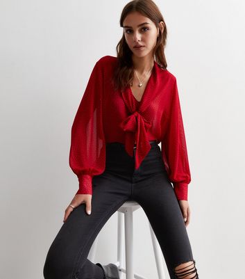 Red Spot Chiffon Bow Shirt | New Look