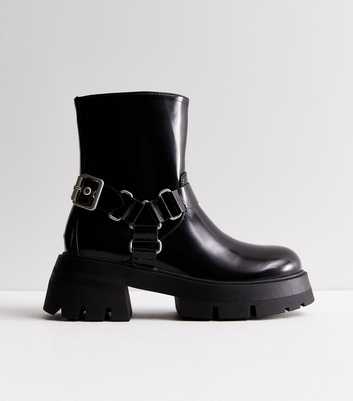 Public Desire Black Leather-Look Chunky Biker Boots