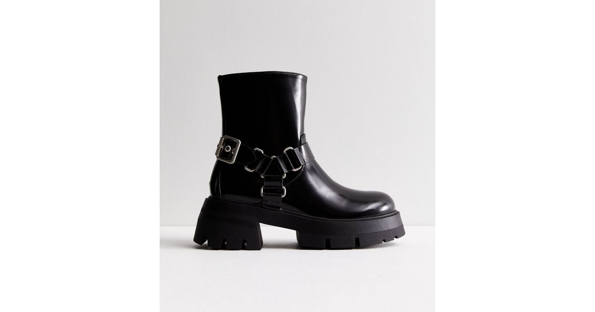 Public Desire Black Leather-Look Chunky Biker Boots New Look