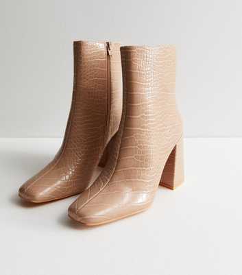 Public Desire Pale Pink Faux Croc Pointed Block Heel Boots