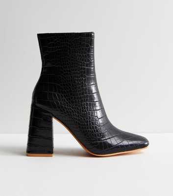 Public Desire Black Faux Croc Pointed Block Heel Boots