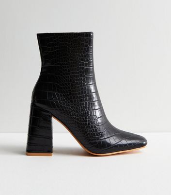 Public Desire Black Faux Croc Pointed Block Heel Boots | New Look