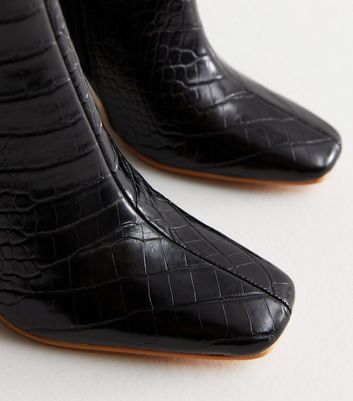 Public Desire Black Faux Croc Pointed Block Heel Boots New Look