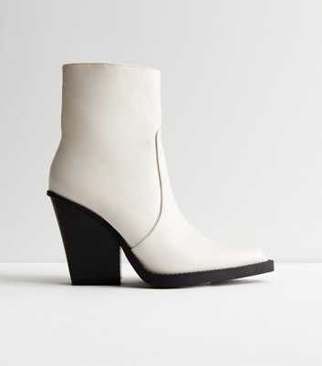 Public Desire Cream Leather-Look Pointed Block Heel Ankle Boots