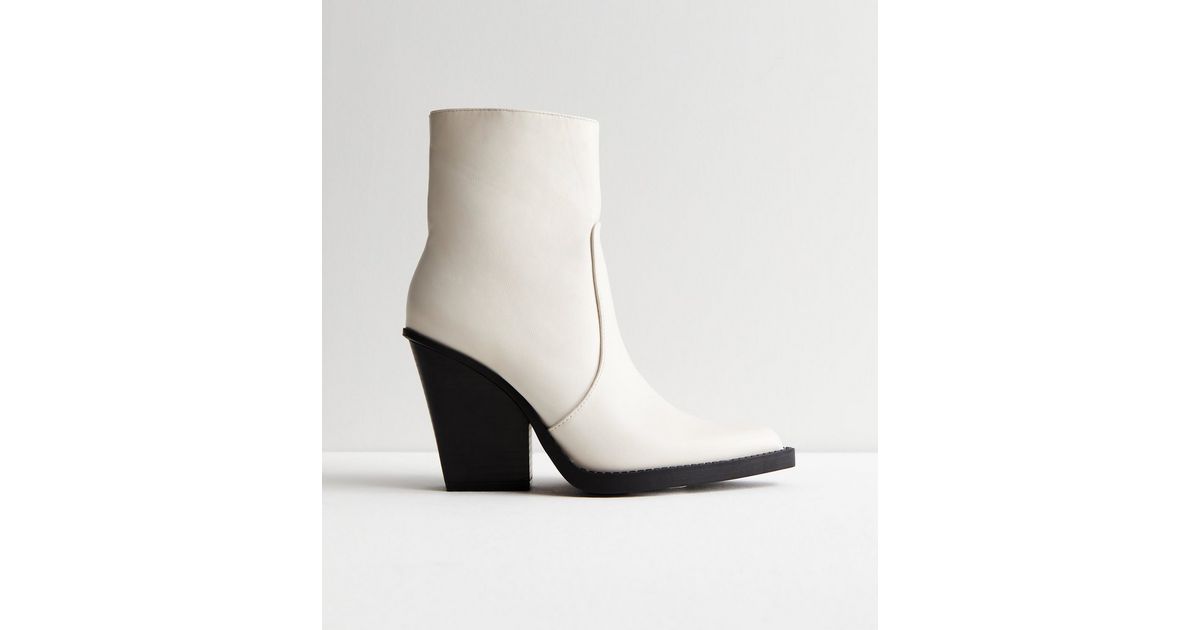 Public Desire Cream Leather-Look Pointed Block Heel Ankle Boots | New Look