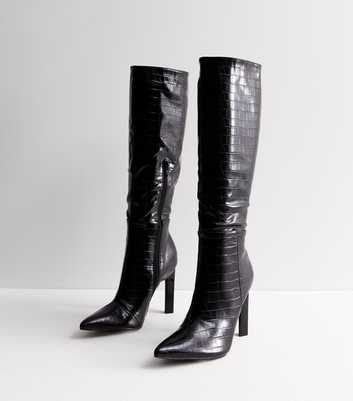 Public Desire Black Leather-Look Knee High Heeled Boots