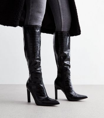 Black leather high store heel boots