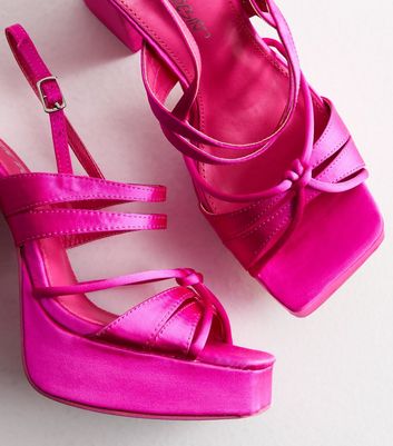 Public Desire Bright Pink Satin Platform Flared Block Heel Sandals New Look